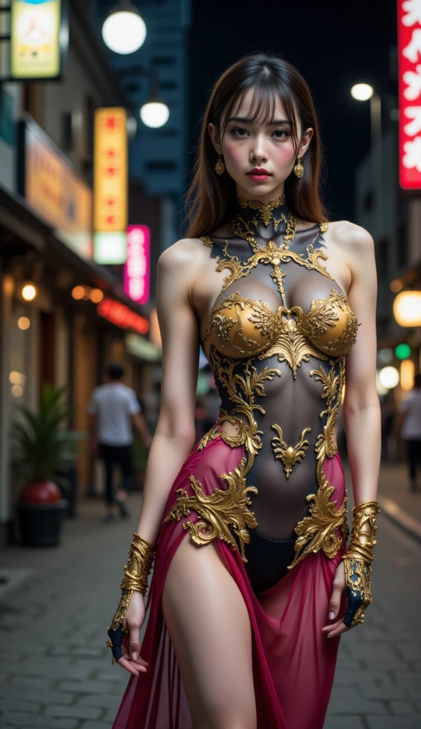 Woman-robot in the big city, high quality, absurdres, masterpiece, beautiful, intricate details, 1/2 body crop, slim body, beautiful figure, magnificent anatomy, (intricate details:1.12), HDR, (intricate details, hyper-detailing:1.15), (natural skin textures, hyper realisitc, soft light, Sharp:1.2)