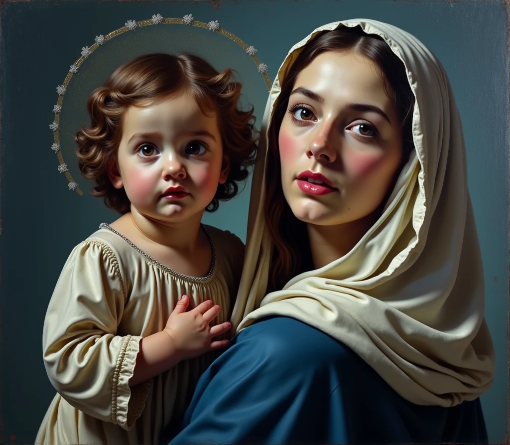 The Virgin Mary AND CHILD JESUS. MUJER CAUCASICA. 19 years old, DULCE Y LA INOCENTE MIRADA ANGELICAL, Alta calidad, obra maestra, rasgos faciales exquisitos, cabello exquisito, ojos exquisitos, cabello de color exquisito, calidad de imagen 4K, hermosa luz y sombra, efecto Tyndall, halo, cabello desordenado, estado joven, escena hermosa, ropa exquisita, cadenas, plumas, belleza antigua con ojos grandes muy detallados, pintura digital, artstation, arte conceptual, foco nítido, illustration, arte de greg rutkowski y alphonse mucha y victo ngai