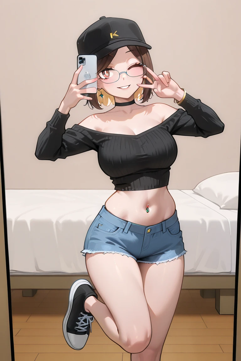 cutesexyrobutts style, 1girl, underwear, ass, pants, panties, smile, jewelry, breasts, brown_hair, phone, short_hair, brown_eyes, ass_support, navel, necklace, black_panties, cellphone, selfie, multiple_views, holding, blush, holding_phone, hair_ribbon, ribbon, shirt, long_sleeves, grin, twitter_username, black_shirt, midriff, looking_at_viewer, smartphone, medium_breasts, black_pants, clothes_pull, lace-trimmed_panties, lace_panties