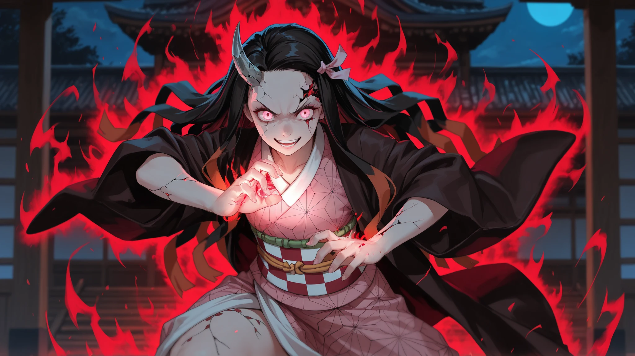 lora:flat:-1.2, masterpiece, best quality, 4k, 8k, 1 woman, solo, tall stature, long hair, blunt bangs, side braid, black hair, ugly face, bad face, bad eyes, droopy eyes, unclear eyes, ruby red eyes, lemon yellow eyes, pale skin, black eyeliner, black eye shadow, heterochromia, slender frame, sad, ofuda, jiangshi costume:1.2, fang, horror, coffin, forest, dark night, stormy weather, fog, from front, cowboy shot, look at viewer, paw pose,