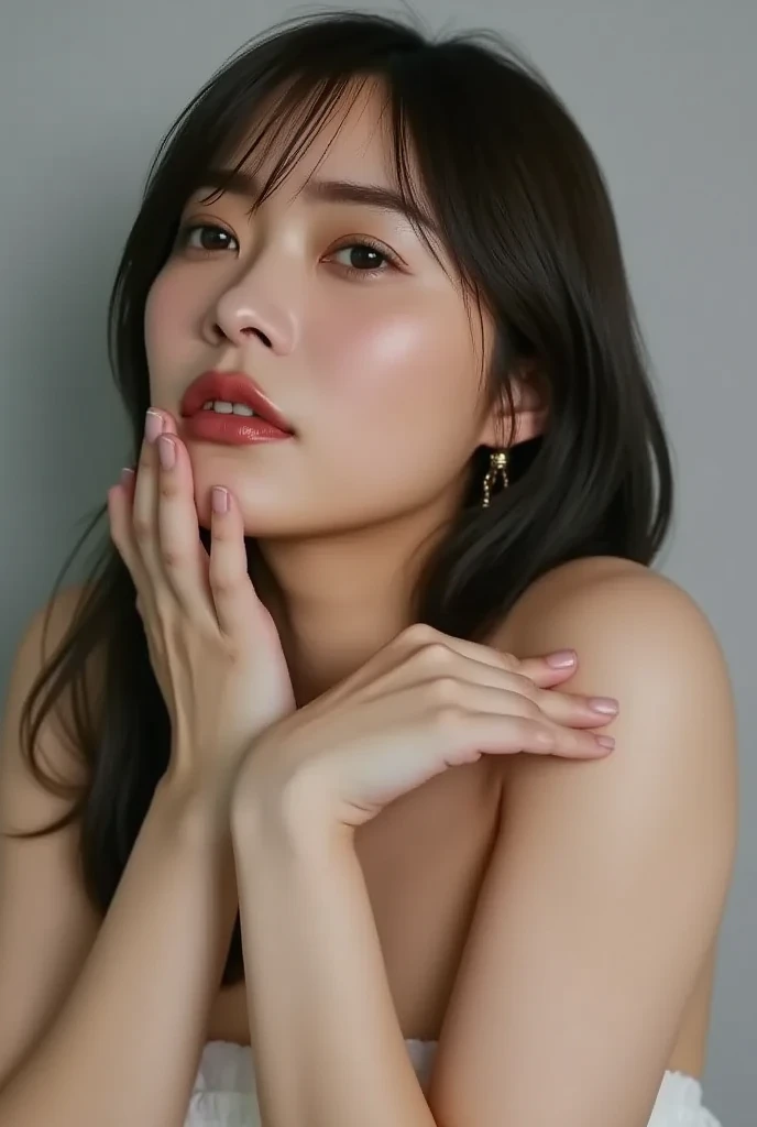 ((((highest quality))))、(((Ultra-precision CG16K wallpaper)))、(((masterpiece)))、(((Super detailed)))、(((super extreme details)))、１people&#39;s women、mature woman、24 year old woman、((Japanese face))、((very beautiful face))、((Beauty:1.5))、((straight semi-long hair:1.3、blunt bangs))、(shiny brown hair)、beautiful delicate eyes、brown eyes、raised eyebrows、high nose、small nostrils、small mouth、seductive lips、beautiful breasts、((C cup size breasts))、cleavage、plump body、(Chubby body type)、perfect proportions、perfect anatomy、perfect composition、beautiful detailed shading、beautiful natural lighting、beautiful detail glow、Depth of the bounds written、(((High chroma)))、(((real:1.9)))、((vivid:1.5))、((edge:1.6))、((beautiful skin))、((skin texture))、((Realistic skin feel))、(((close up shot:1.5)))、((Angle seen from the front:1.6))、((Surprised face with open mouth:1.4))、(Eyes looking up at me:1.5)、Daytime coffee shop、bright sunshine、Natural light、(((blush、sexly、pleasure、trance:1.6)))、(kissing pose:1.5)、(((ivory color lingerie clothes:1.6)))、((earrings、wearing necklace:1.3))、