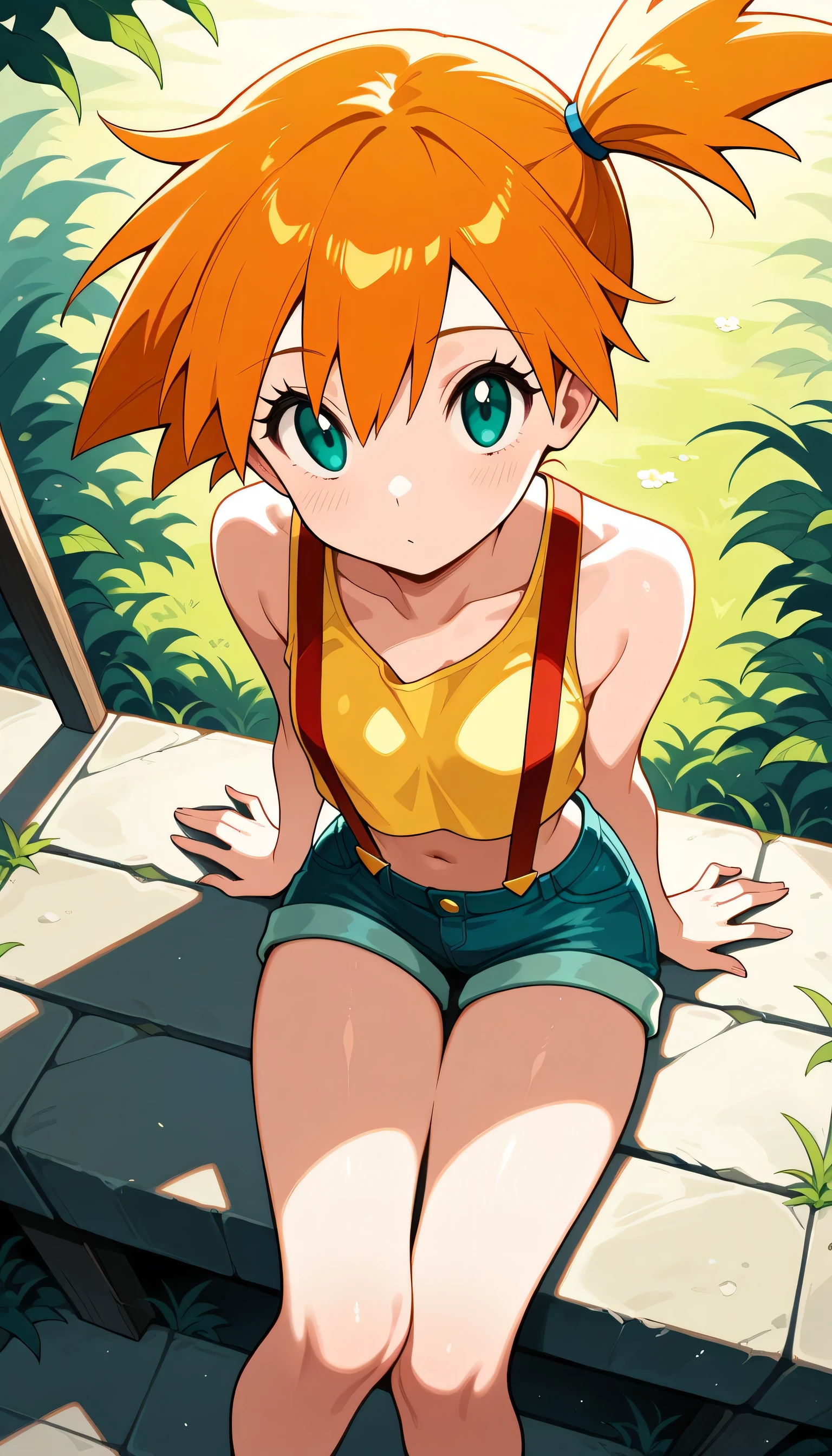 masterpiece, best quality, highres, 1girl, misty (pokemon), orange hair, solo, shorts, suspenders, side ponytail, orange hair, midriff, yellow crop top, navel, short hair, denim, denim shorts, confused expression, cowboy shot, outdoors, small breasts, Externally expanded Chest, ((((on all fours)))), ((downblouse)), ((leaned forward))