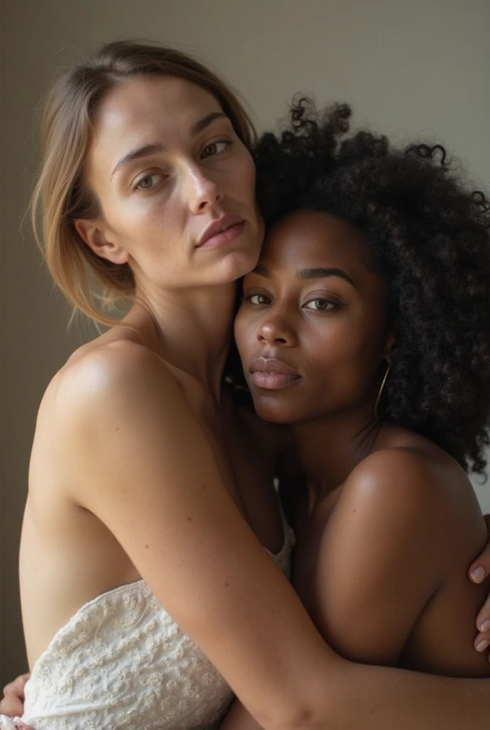 a beautiful naked Afro american girl, sweaty, athletic body, and hairy armpits, being carried by two women
