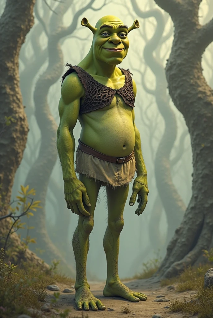 a tall goblin, hairy, muscular, speedo, BIG belly, swollen intestines, prominent belly, pointed ears