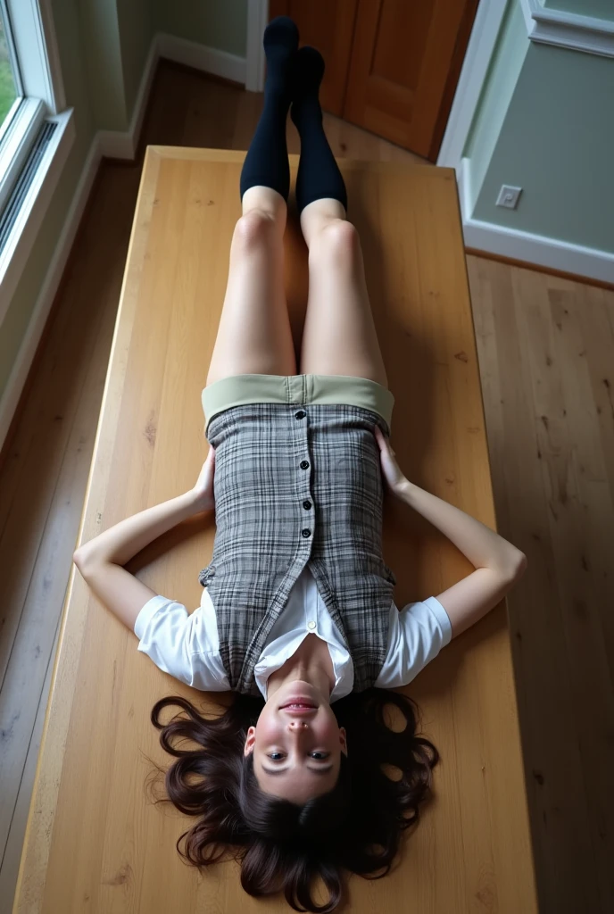 Little girl on top,Looking down,from below,Flat sandals,Sit in a high chair,Mocking expressions