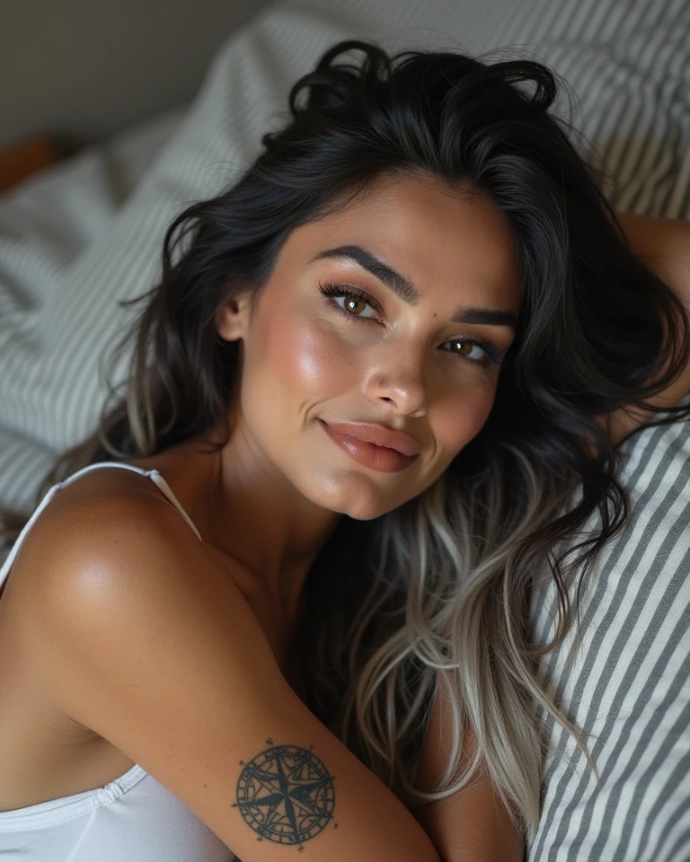 Photographie de face pour les réseaux sociaux ;une belle fille colombienne, de 22 ans, long cheveux. Avec un tatouage et un piercing au nombril.