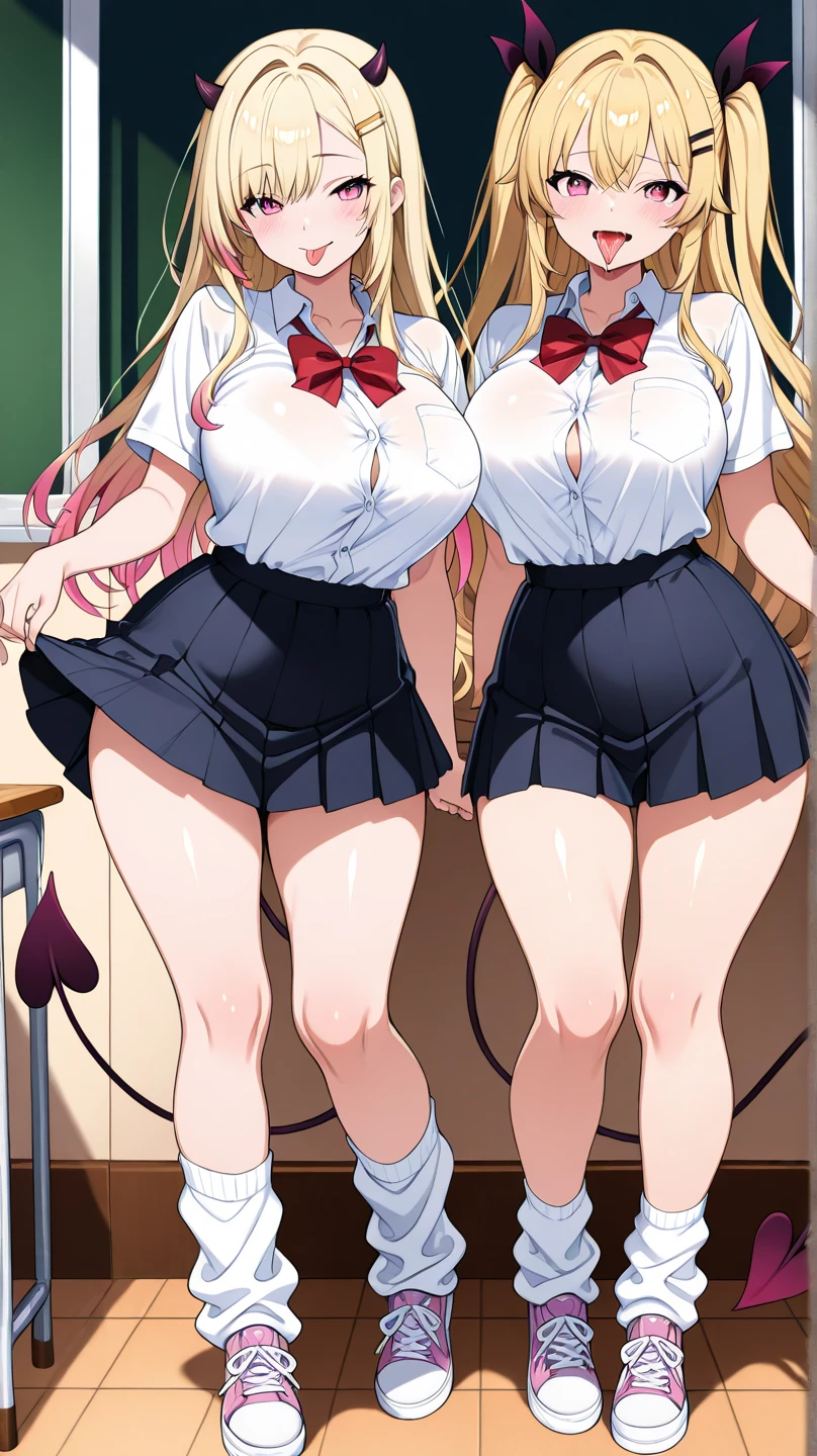 ((2 girls))、(smile:1.5)、Small breasts、(Cowboy Shot)、(fun!!)、(cardigan)、(Blonde)、(blush:1.4)、、(single braid)、(Eye highlights:1.3)、blake black shoes,(黒いskirt)、bow, button, shirt with collar, Long sleeve, ((red bow tie, , Black jacket, Open jacket, 茶色のcardigan, white shirt, 黒のskirt, チェック柄のskirt、white socks)),, shirt,, skirt, socks, Thighs, white shirt, Rest indoors, ((classroom:1.5))、 BREAK while watching the audience、(skirtを掴む:1.0)、 (Perfect hands, Perfect Anatomy),Cowboy Shot、(skirt lift:1.3),(Highly detailed panties:1.3)、(Highly detailed white panties:1.3)、、(skirt that rolls up:1.3)、(Full-fledged panties:1.5)、Light blue eyes、