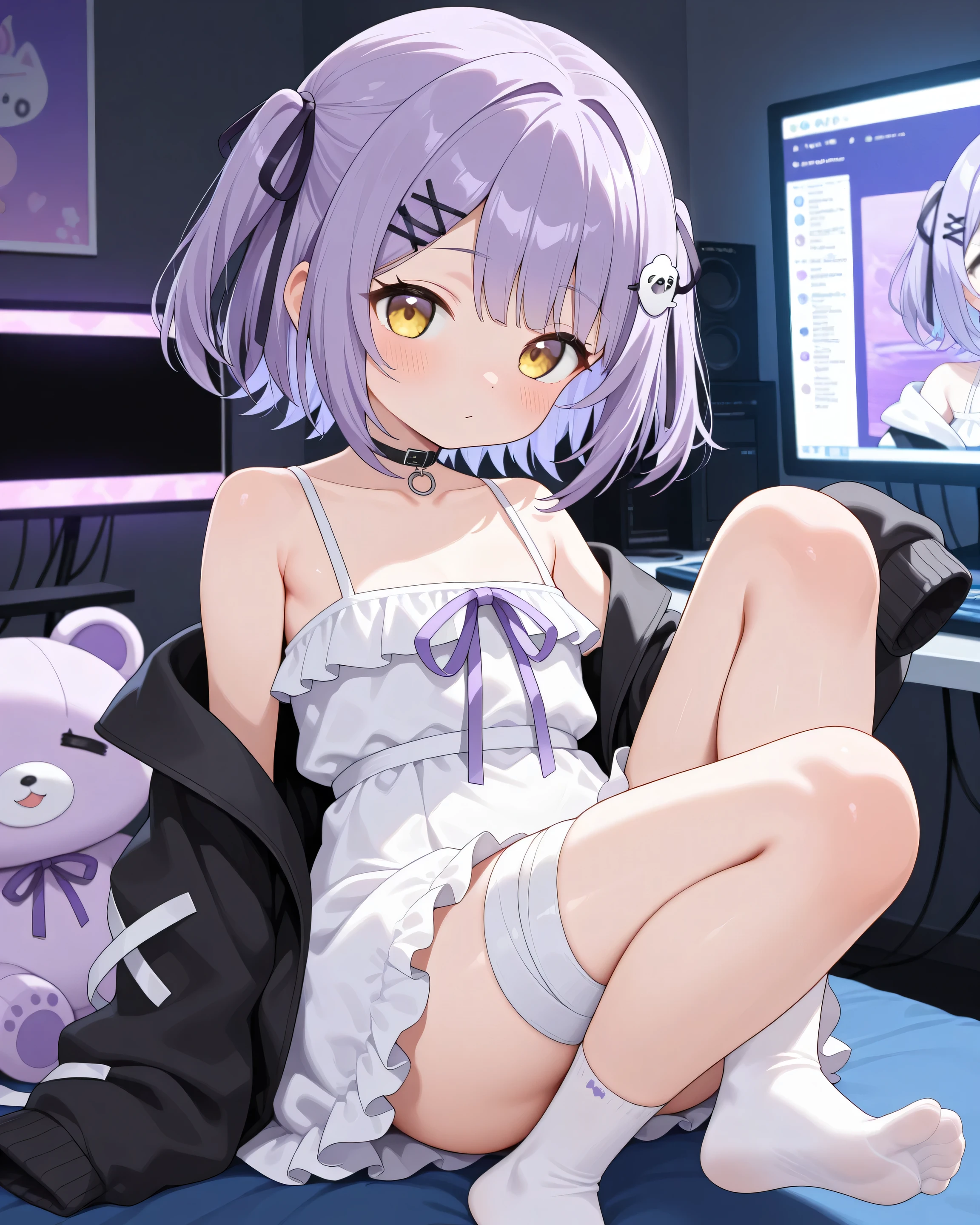(NSFW, best quality,amazing quality,very aesthetic,absurdres,newest,4k,8k), shinomiya runa, 1girl, virtual youtuber, purple hair, two side up, short hair, yellow eyes, hair ribbon, black ribbon,hair ornament, hairclip, black choker, white dress, frilled dress, frilled skirt, sleeveless, purple ribbon, black jacket, open jacket, off shoulder, bandages, long sleeves, sleeves past fingers, bandaged leg, white socks, gaming room, gaming pc, Lean away from the computer screen