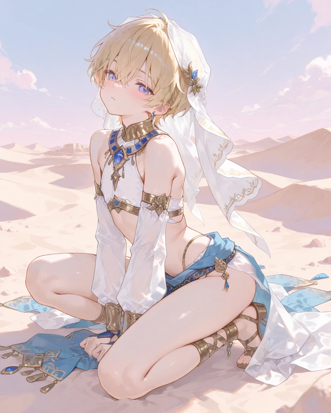 hiten_kei style, colorful eyes, soft style, masterpiece, solo, 1 girl, topless, large nipples, nipples, white sarong, harem outfit, semi transparent skirt, beautiful art, vibrant, desert, tent, platinum blonde hair, dancing, different poses, narrow waist, slender legs, hairband, jewely, necklace, bracelet, white mouth veil, veil, headdress, navel, thigh strap, abstract, night, moonlight, light hair, waist pouch, blue eyes, high angle shot, top view, black eyeliner, sparkling, winking, side view, arched back, flexible body, serene face, soft eyes, relaxed, calm, smiling, bonfire, enchanted, thin, ribcage, gold jewelry, morocco, date palm trees, carpet, people on cheering background, hoop earring, bracelets