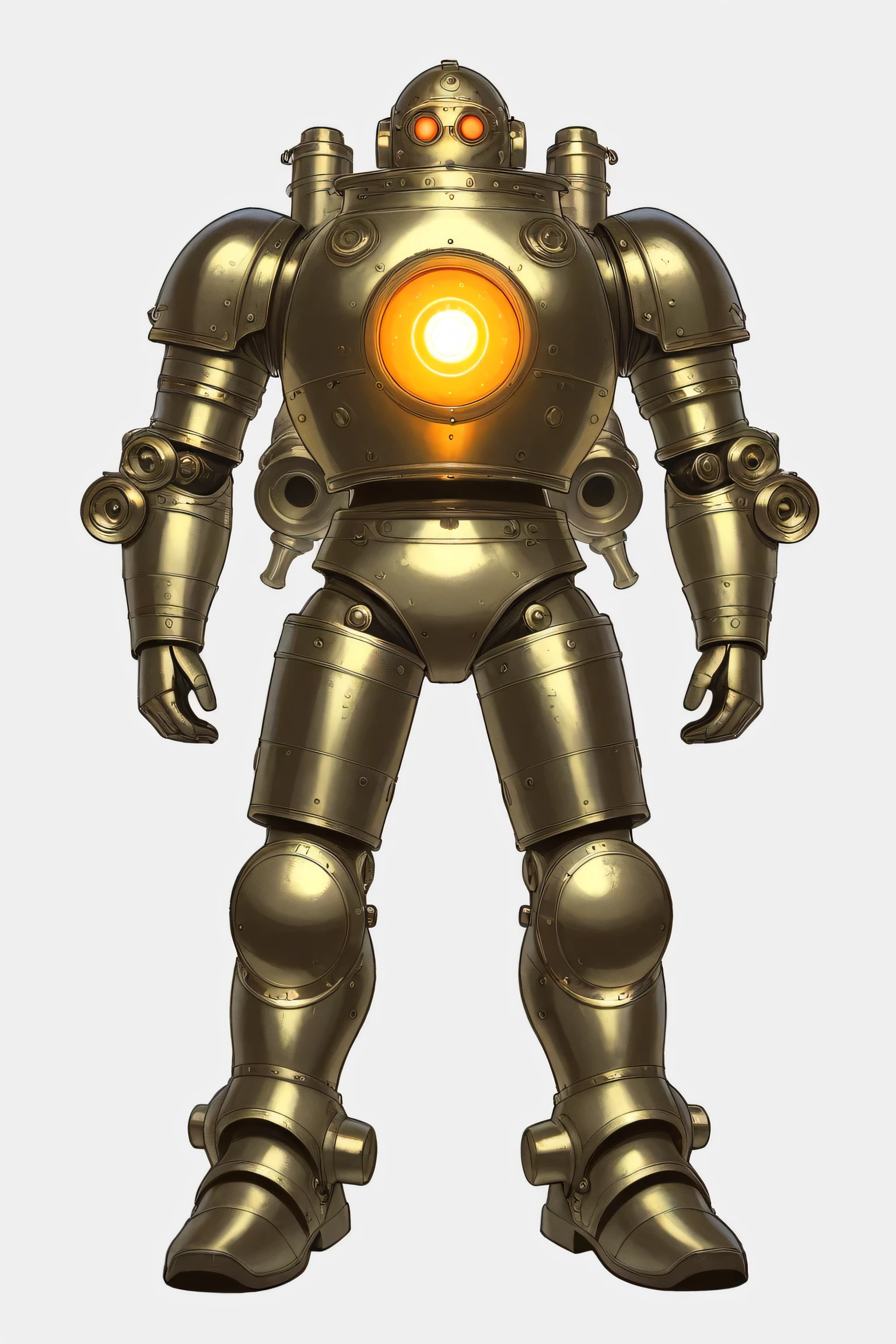 2d digital illustration, art style, steampunk armor design for a man full body armor up to the feet, front view. Two glowing round eyes, With color details: gold and silver. pistons, pipes attached to hands and legs, shock absorbers, glowing orange arc reactor on chest, rugged and industrial retro-futuristic design, worn metallic textures, jet boots and jet pack on back, thick armored plating, bulky yet functional look, surrounded by a smoky, mechanical atmosphere. white background