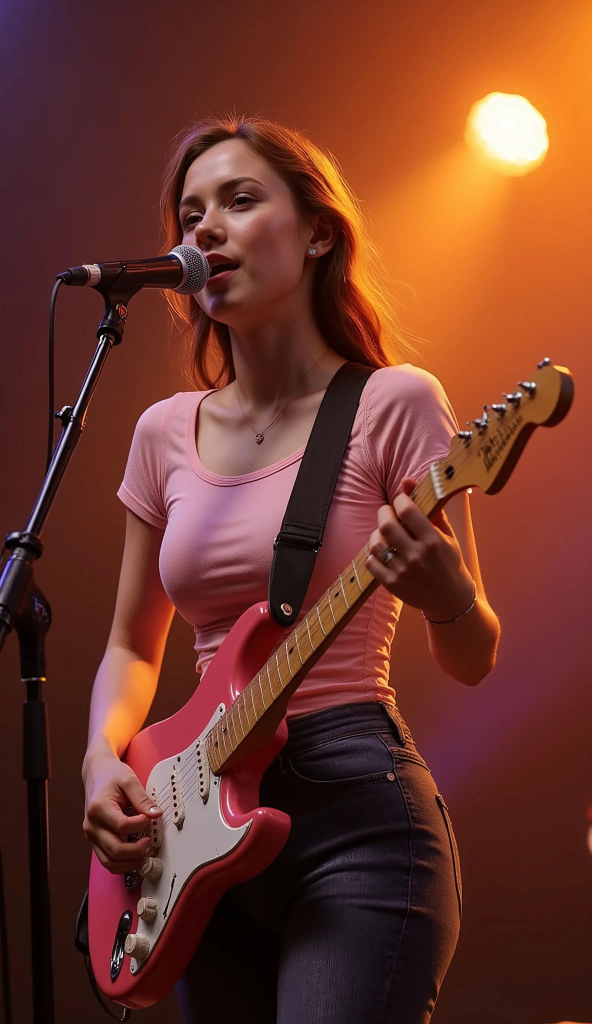 a pretty girl is singing and playing electric guitar on stage, half body, eyes open
