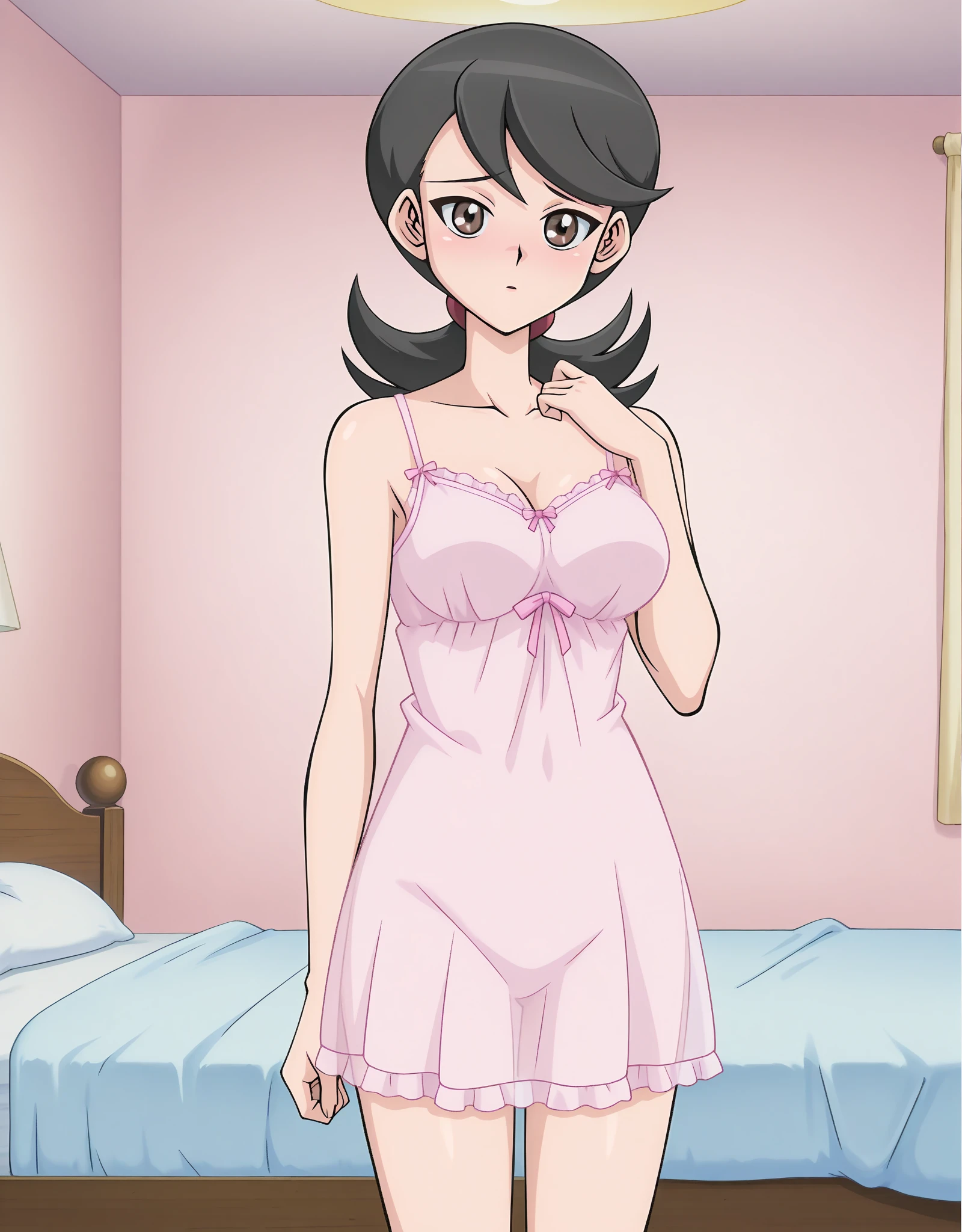 male crossdressing, crossdress, bpack hair, black eyes, shy, smalll breasts, long dress, pink dress, transparent dress, sexy pose, on bed, stockings,
