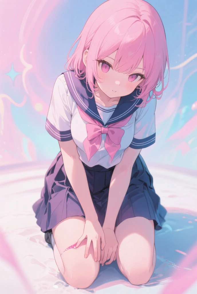 {masterpiece, {{blue_archive (Style)}}, best quality, detailed manga, illustration, {cinematic light}, colorful, intricate details, dynamic angle, dynamic pose, {solo, 1girl}}, white shirts, pink short hair, curly hair, sky blue eyes, {crying}, smile, open mouth, {sexually suggestion, sexually aroused expression}1 girl, masterpiece, {floating hair}, {hateful face}, {{{lifting skirt front}}}, sweat, tiny pantie, tears, crying, from below, sitting on ground, spread legs, {{{detailed pantie}}}