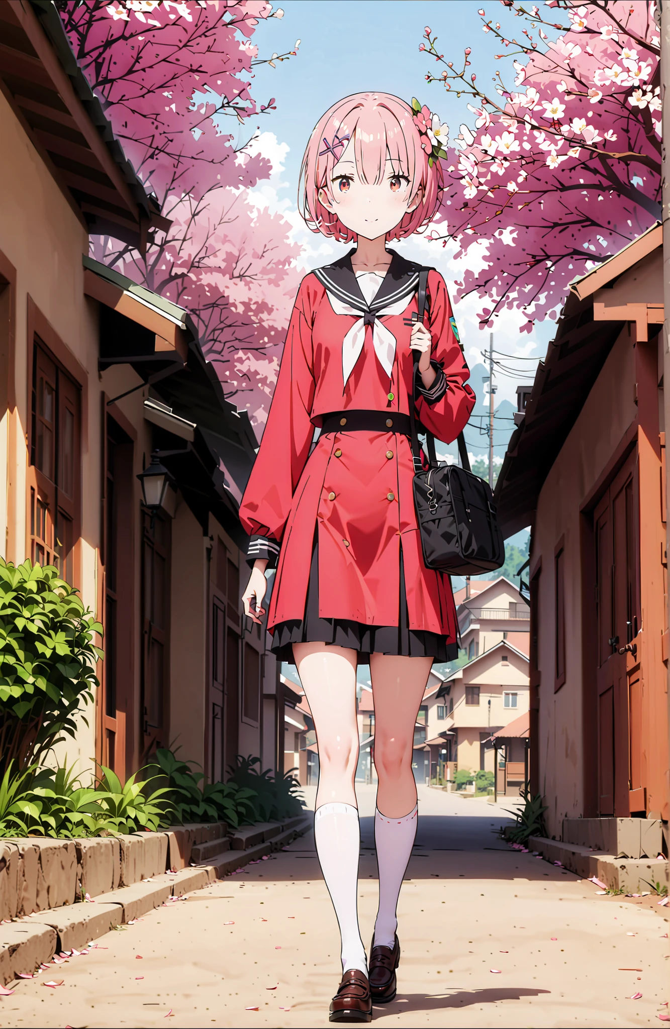 score_9, score_8_up, score_7_up, source_anime,Ram, hair flower, hair ornament, Hair on one eye, pink hair, Red Eyes, short hair, x hair ornament,smile,blush, shut your mouth,Black Sailor Suit,long sleeve, Black Mini Pleated Skirt ,white thigh high socks,loafers,Student bag 1 :1,spring,Cherry Blossoms,walking,,as if the whole body is in the illustration,in their 40s looking at viewer,full body,
in their 40s outdoors, residential area ,
in their 40s (masterpiece:1.2),Highest Quality ,Kampala,unity 8k 壁紙,(shape:0.8),( fine and beautiful eyes :1.6),It's a person ,full body photo,CG Details , (perfect hand in h,Complete ),