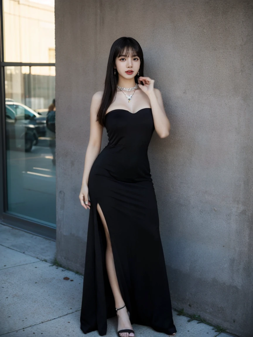 photo of the beautiful young Jamie Chung, a woman in a black dress posing in front of a bush, violet myers, tight dress, short minidress, wearing a tight black dress, short dress, pretty face with arms and legs, skintight dress, thick thighs, tight attire, full body cute young lady, sexy dress, full body! pretty face, women full body, young lady, (lipstick red lips), heavy makeup, house farm, sunset, style of (Steve McCurry), nikon z fx device, EF 70mm lens, cinematic lighting, studio context, long exposure style, long shot type, vibrant color scene, photorealistic, intrinsic, beautiful face, ultra-detailed face, perfect body, whole body, flawless, realistic, highly detailed, art station, trend,  masterpiece, realistic face, realistic skin, detailed eyes, great art, render ultra realistic n-9, 4K, 8K, 16K, 20K, HDR, UHD, 64K, perfect lighting, studio lighting, photorealistic, hyper realistic, symmetrical face, unreal engine, bokeh, high resolution scanning, professional photography