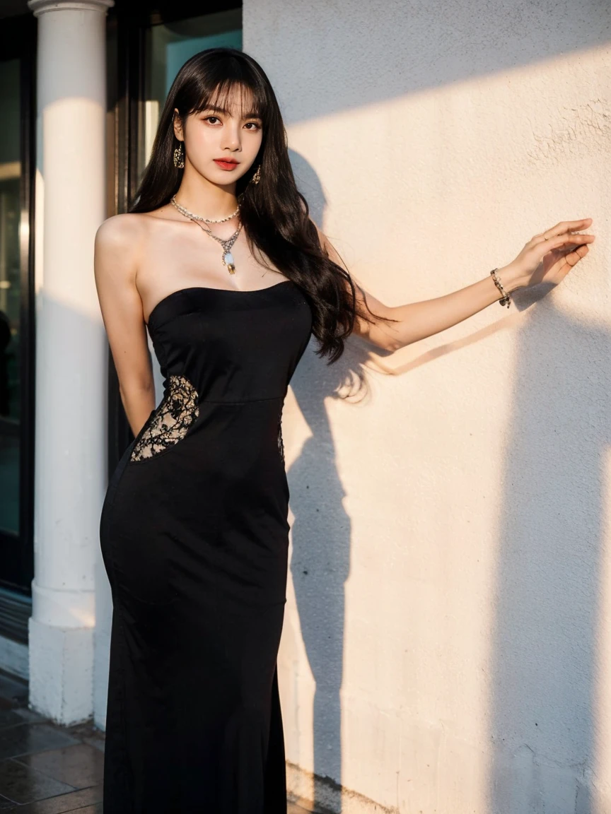 Tzuyu 1, woman, (Realistic), (Hyperrealism), (photoRealistic), Written boundary depth, eye make up:0.7 (whole body:1.8), (Large Bust),(Tight waist), Observe the audience,At the flower garden, Fashion Model, A sexy sheer dress made of all lace with an open shoulder and neckline.