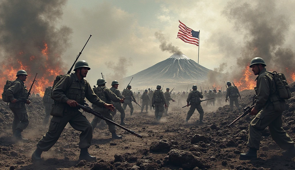 " Please, create an image that recreates the historic moment of the raising of the American flag on Iwo Jima, similar to Joe Rosenthal's famous photograph. Certifique-se de capturar os detalhes da paisagem montanhosa do Monte Suribachi, as well as the soldiers raising the flag with determination. The scene should be emotionally impactful and convey a strong sense of patriotism and heroism."