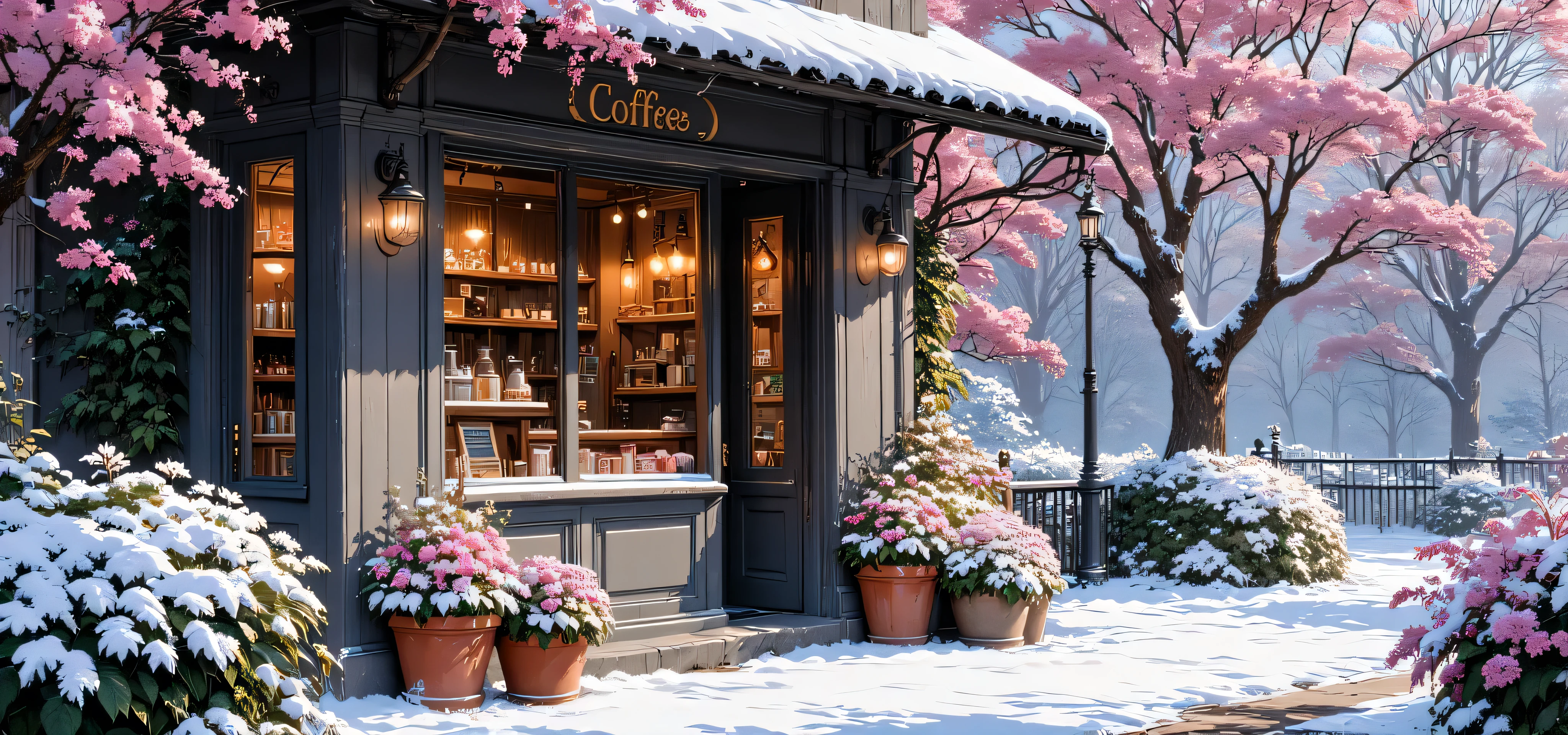 A charming winter scene of a cozy coffee shop, "Coffee," in a snow-covered park. The shop's facade is dark gray wooden, with visible snow and subtle snowfall. The windows display warm interior lighting, showcasing baked goods and other treats. Numerous pink, purple, and mauve flowers and plants in terracotta pots adorn the shop's exterior. Pink and light purple flowering trees and bushes, also covered in a delicate layer of snow, line the park. The scene is idyllic and serene, with a soft, golden-hued light suggesting the early morning or late afternoon. The ground is covered with a light dusting of snow, and a walkway is visible. The composition is centered on the coffee shop, with the surrounding park gently fading into the background. The perspective is a slightly elevated view of the scene. The overall style is picturesque and evocative of a peaceful winter day. The lighting is soft, emphasizing the details of the flowers, snow, and shop's features. No human subjects are present.