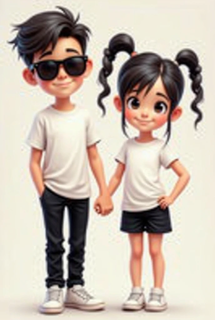 Chubby girl in pink t shirt name on it Dona,hold hands of slim boy with black t shirt name on it gavaskar trun back side 

