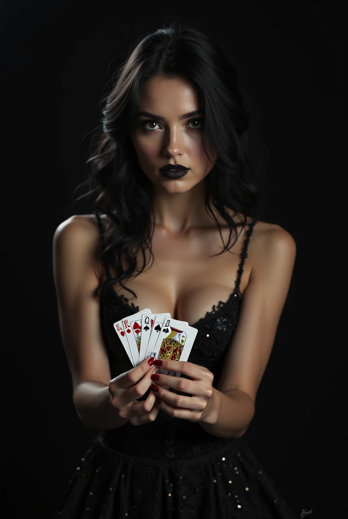 Woman with cards in her lace bra and pants 