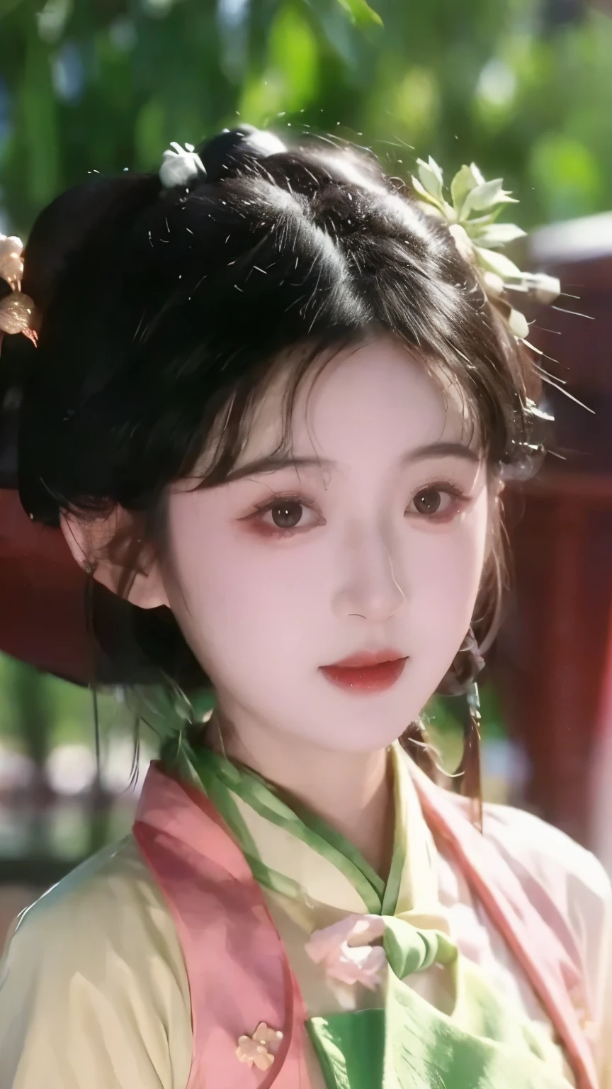 1 beautiful girl,best quality,(painting:1.5),Chest,torii,,depth of field, detailed face ,facial focus,ribbon_trim,(watching the audience:1.25),Smile,Thick lips,Real People,Hanfu