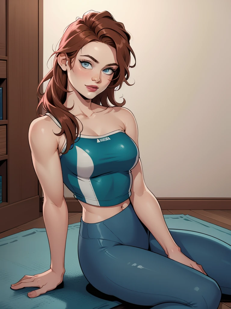 1 girl, Perfect Hands best quality, expressive eyes, perfect face, upper Big body, full body, smile, blush, Wearing White And Red Gym Leggings, Wearing Sports Bra, indoors, day, simple background, Sitting on Sofa, looking , Bright sky, looking at viewer, stairs, moody lighting,
