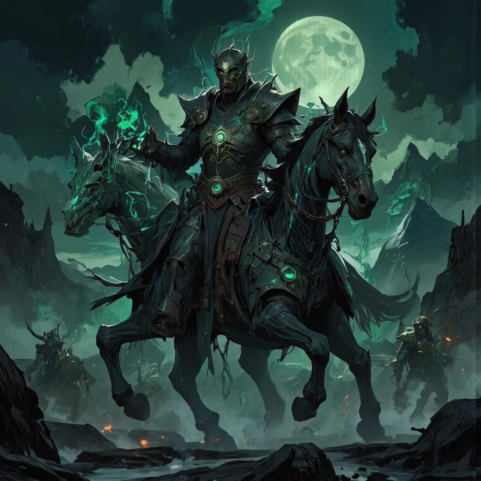 arafed image of a group of people riding horses in a field, elden ring cinematic lighting, undead soldiers in background, heavy metal band promo, animation still screencap, khorne, black shirt underneath armor, an ork, movie trailer, bw 3 d render, rivers of blood, dark castle background
