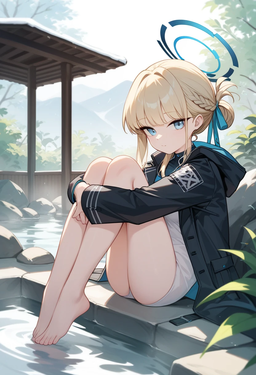 1 nude gril, (solo:1.3), trench, onsen, outdoors, hugging own legs, toki(blue archive), medium breasts, blonde hair, braids, folded ponytail, hair ribbon,