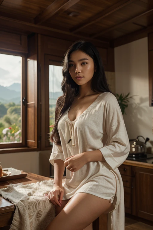 Female supermodel. Green Kimono. Bamboo. White floor cushions. Soft lighting. Living room. Close-up.
