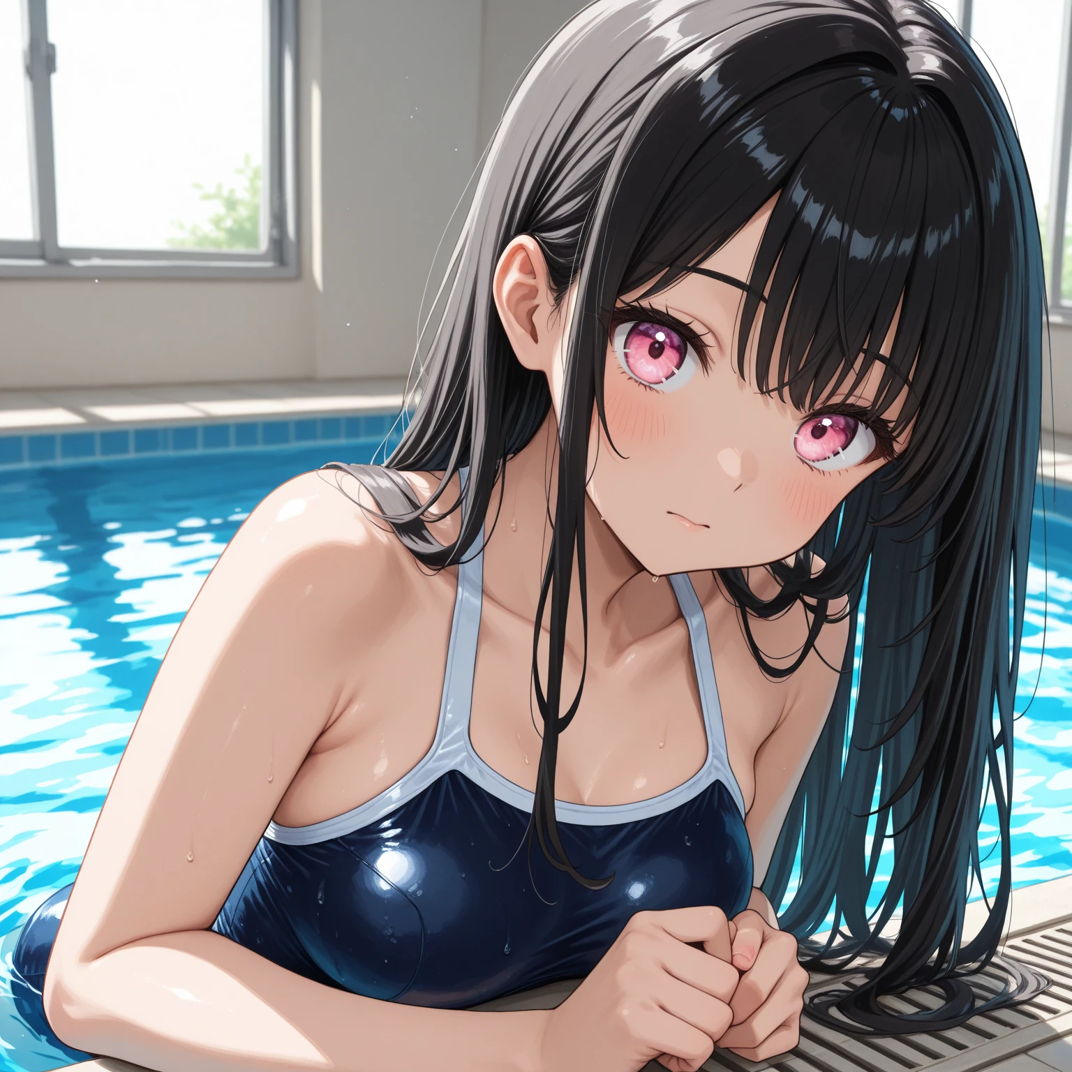 ((masterpiece, highest quality:1.2)),nsfw,((vaginal penis,1man and 1woman,POV,having sex:1.5,cowgirl position),cowboy shot,1woman,18 year old beauty、solo,long hair,dark purple hair,(very small head),tears,shy,drooling,slender and long body,skinny,medium breasts,sweat,oily skin,shiny skin,wet,The labia majora is exposed through clothing、squatting,spread legs,Navy blue leotard swimsuit,Indoor swimming pool、Tokyo、