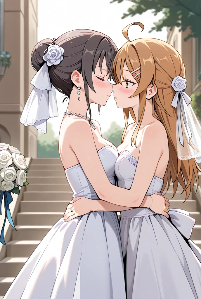(Best Quality, High Definition, masutepiece:1.2,), Illustration, Night, 2girls, Full body, (wedding dress), arm behind back, Waiting for a kiss, Looking at Viewer, Happy, blush,lesbian、Girls to girls、huge-breasted、bbw