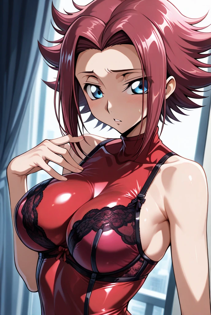 Short_hair, Bangs, Red_hair, blunt_Bangs, bout, Red_Eyes, beret,A slight smil,arima kana,