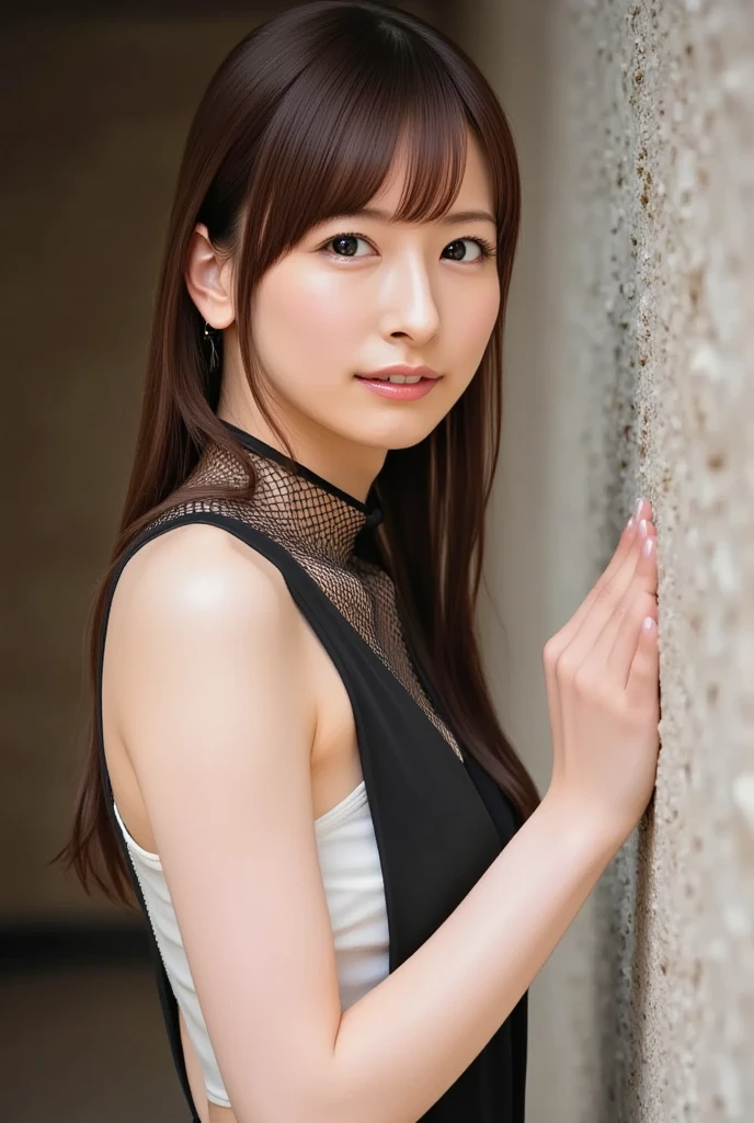 masterpiece, top quality:1.4, more details:1.4, movie lights, halter neck_ , Fishnet tights, fishnet tights stockings, cute face、cute makeup、gravure_Idol, Idol美少女, charming but a bit manipulative, pantyhose model , Poses That Make Her Legs Look Beautiful 、