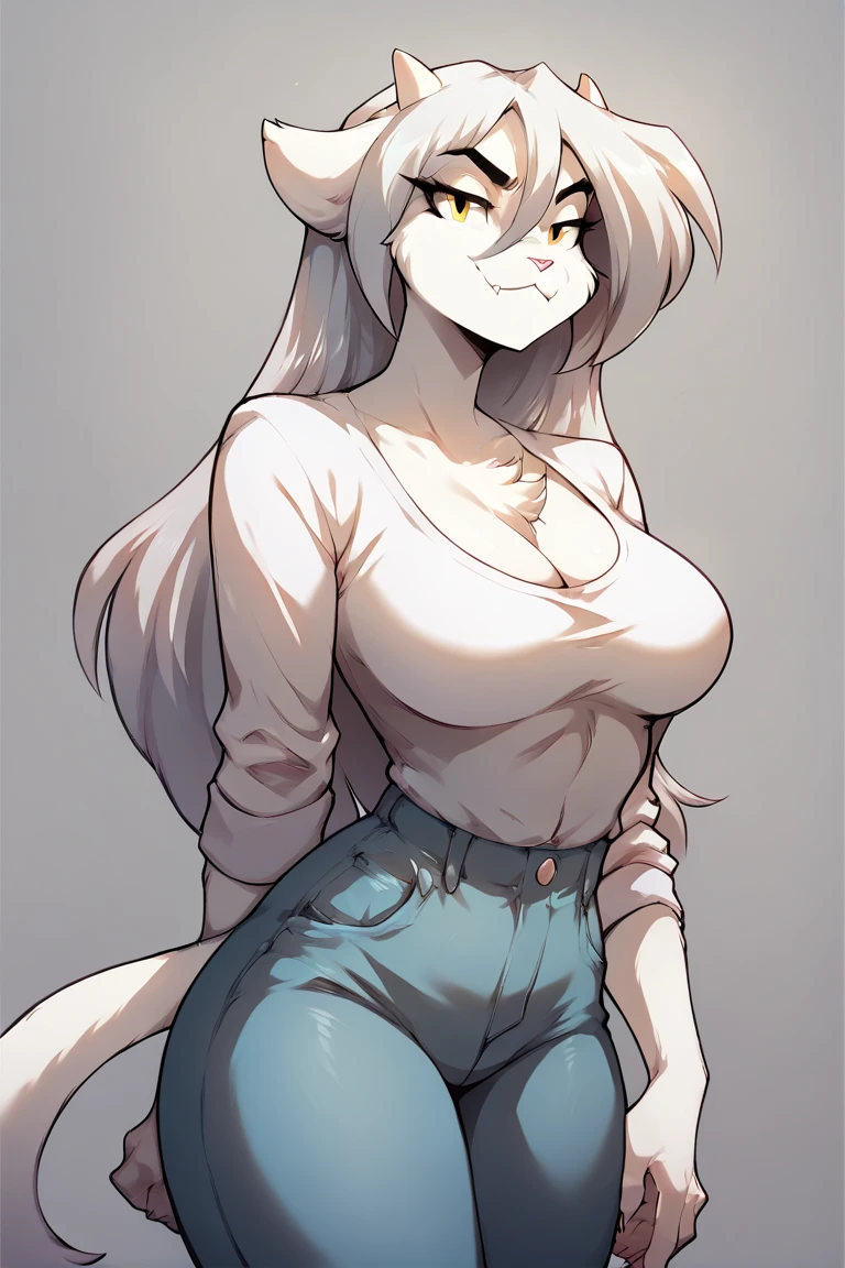 mirko mha, 1girl,solo,dark-skinned female, dark skin, large breasts, white shirt, belt , collarbone, collared shirt, formal, shirt tucked in, black pant,looking at viewer, white background, rabbit ears, rabbit girl, white hair, long hair, muscular female, red eyes, smile, happy