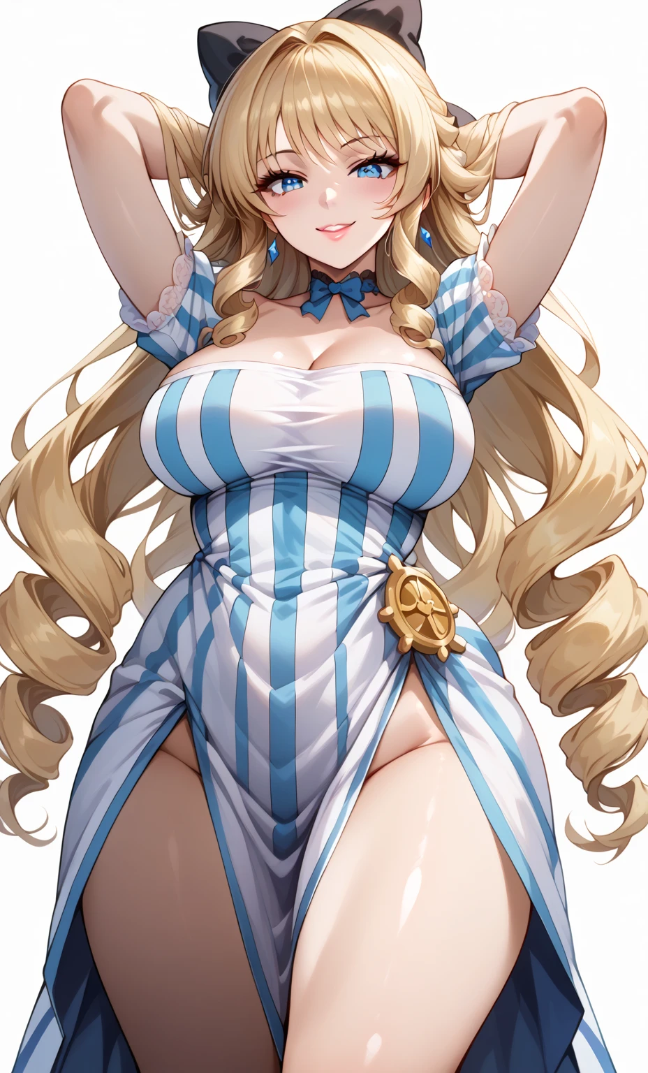 ((masutepiece, Best Quality, hight resolution, nffsw, Perfect Pixel, depth of fields, 4K, )), 1girl in, Solo, , Beautiful anime girl, Beautiful Art Style, close up, Looking at Viewer, Perfect body, long hair, braided hair, light blonde hair, (large boob), green eyes, Full face blush, Smile, thighs thighs thighs thighs, navy playboy bunny, red bowtie, hands on hips, white background, cowboy shot, Focus,