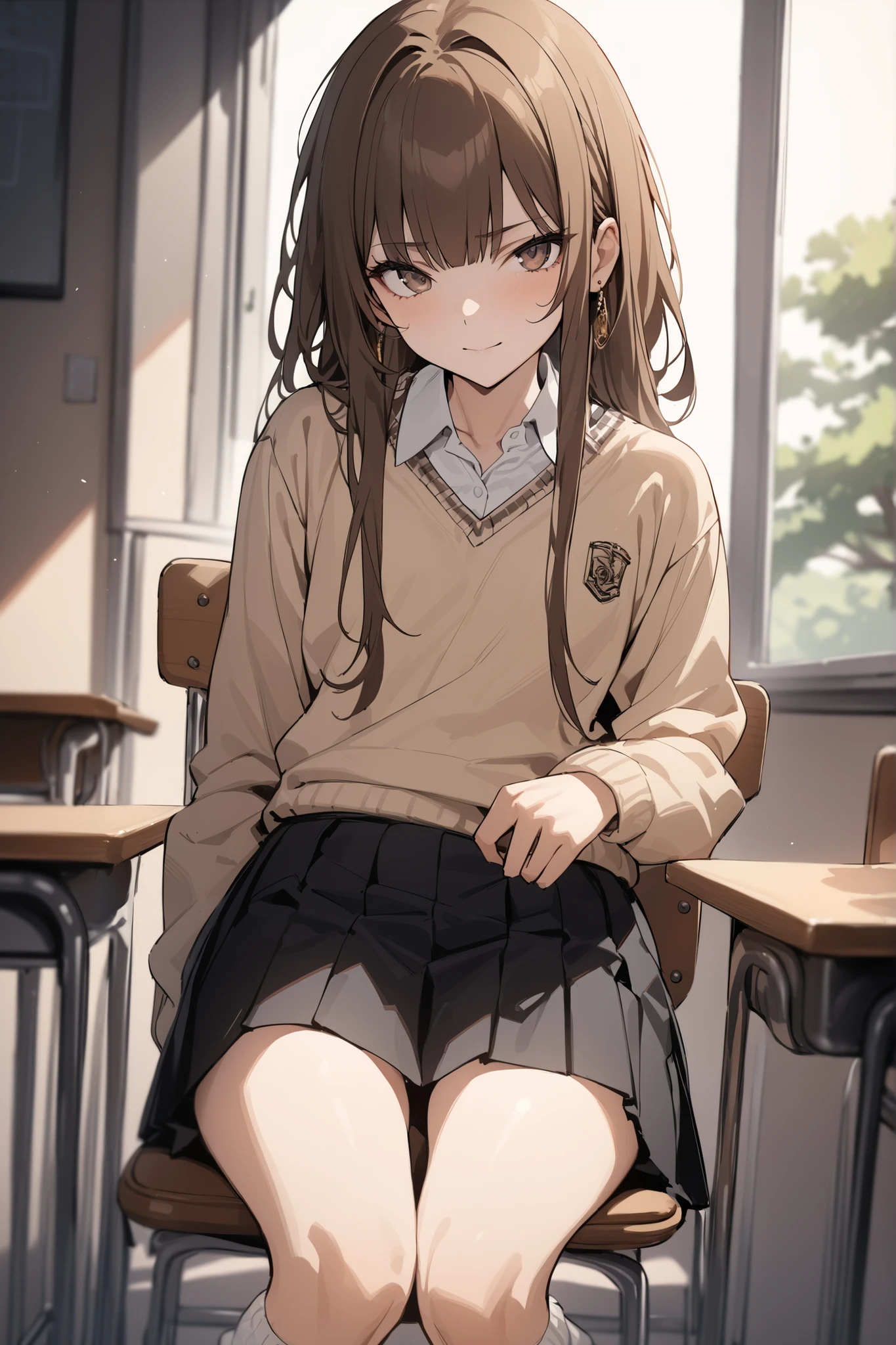 (((solo))),(((One girl))),beautiful、An illustration、Highly detailed skin、masterpiece、Highest quality、Highly detailed face、Bright colors、Depth of written boundary、Cinematic lighting、、One girl、solo、Brown eyes、Brown Hair、hair ornaments、Long Hair、Green plaid skirt、White shirt、Yellow sweater vest、masterpieceHighest quality高解像度、Anna Tanaka、Long Hair、Sit with your knees bent、8 heads、Beautiful feet、at school、As if looking up from below、Embarrassing、nsfw、White panties、Cameltoe
