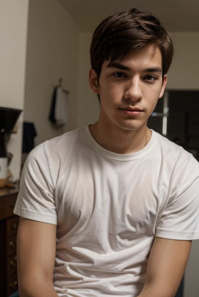 generate realistic young men sitting at the photostudio