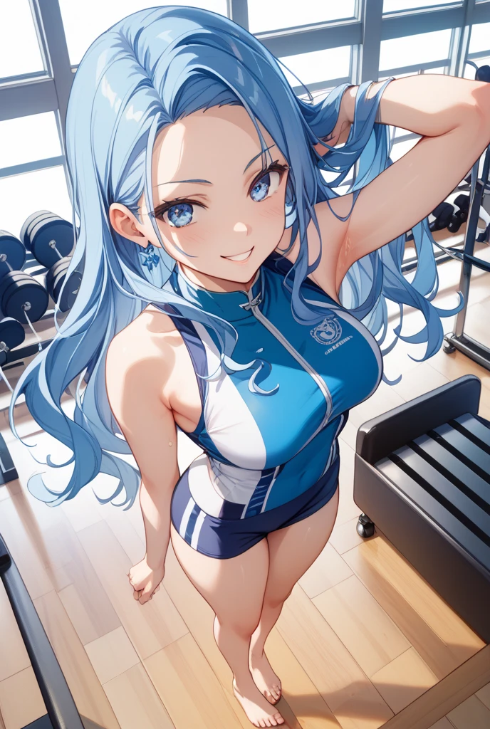 (Battle Festival style) ((beautiful frying Somersault Kick)), (solo:2, 15 yo), (beautiful forehead), (beautiful detailed blue hair long hair), (best cute girl, immensely cute blue eyes, smile, small tits), in a tank top, hot pants, break, in the gym, BREAK, perfect anatomy, masterpiece, best quality, 16k, beautiful detailed grow, daydreaming expression.