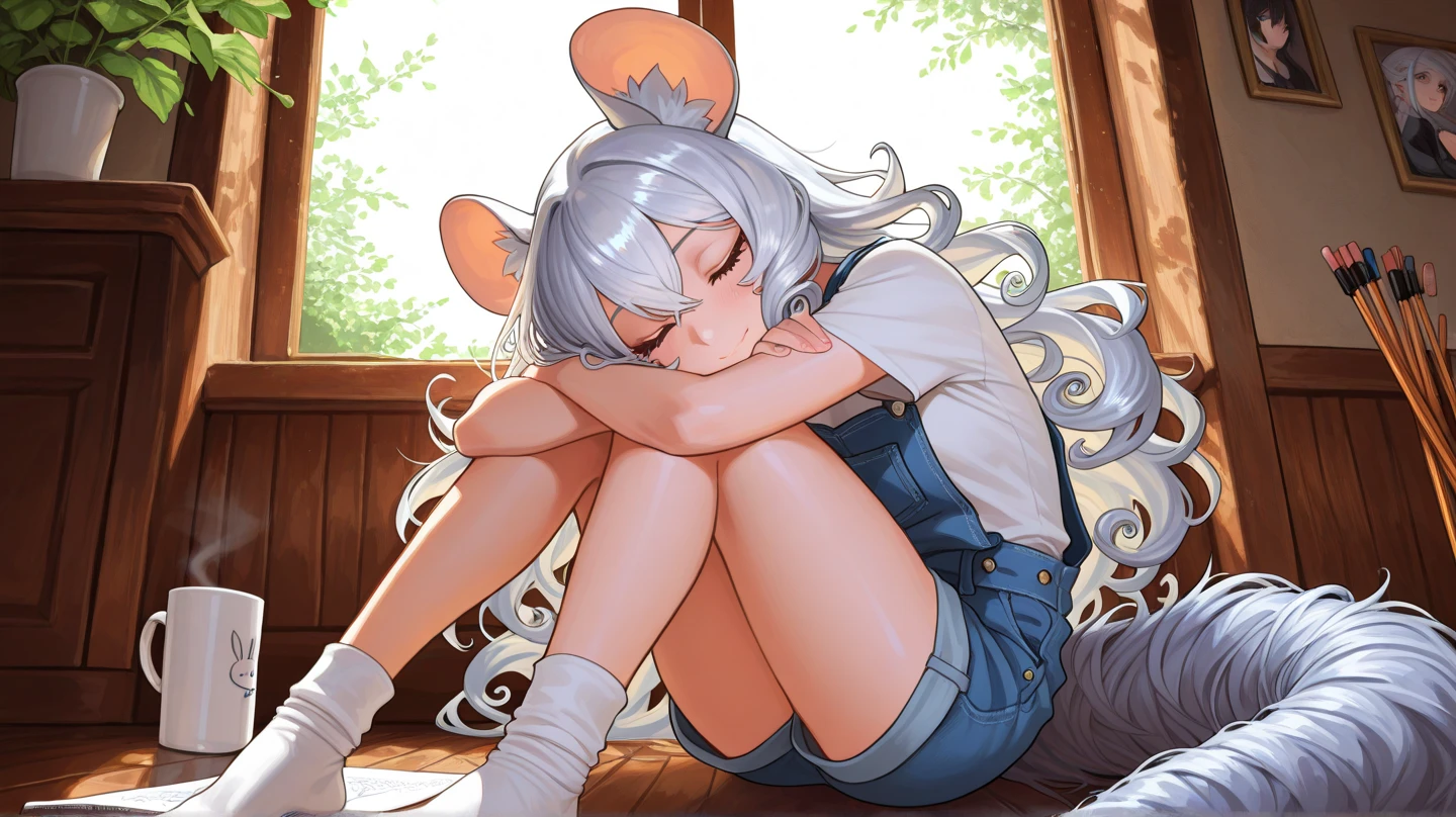 , solo, height 1.2 meters, medium hair, (white hair, (alternate hair color:1.331), black hair:1.2), (sleepy:1.2), (rubbing eyes:1.3), light blush, (kigurumi:1.331), flat chest, bedroom, sitting on the bed,wariza