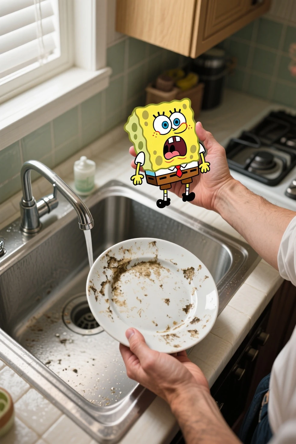 A scene of a drawn cartoon character inside a real photorealistic world. A photorealistic human hand holding the 2D cartoon spongebob in one hand and a dirty dish in another hand in the kitchen sink full of dirty dishes of a real-life photorealistic world. Spongebob screams terrified, looking and facing at the other hand, 
