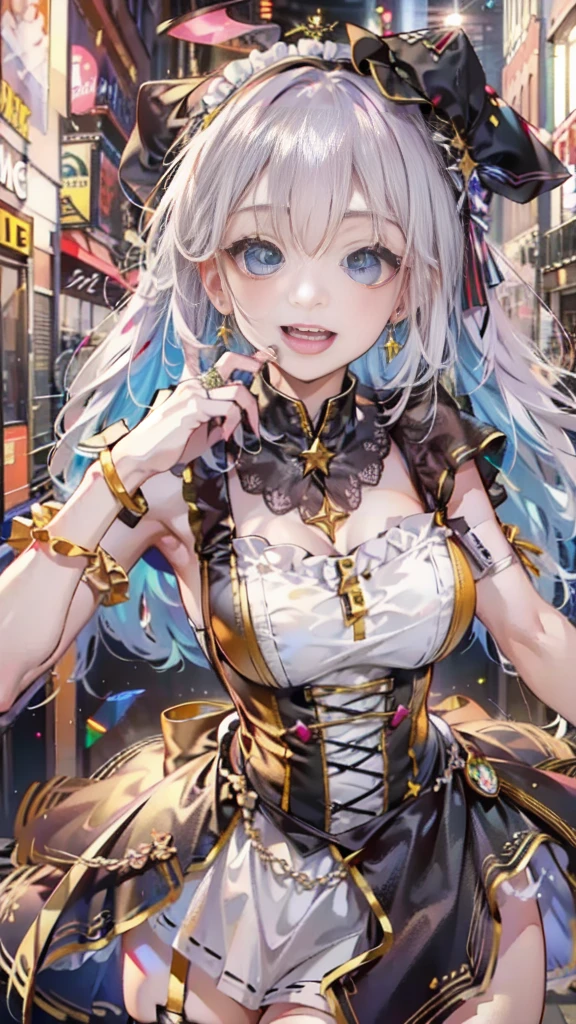 New York city that looks like a real photo, An anime-style golden witch is flying, masterpiece, best quality, ultra-detailed, unity 8k wallpaper, perfect ,1gail, super detailed skin, (((かわいいangel))),(((angel))), 50 years old,, solo, shiny hair, drill hair, yellow long hair, blue eyes,  Star-shaped eyes, (((happy smile))), small , wearing maid, maid apron garter belt