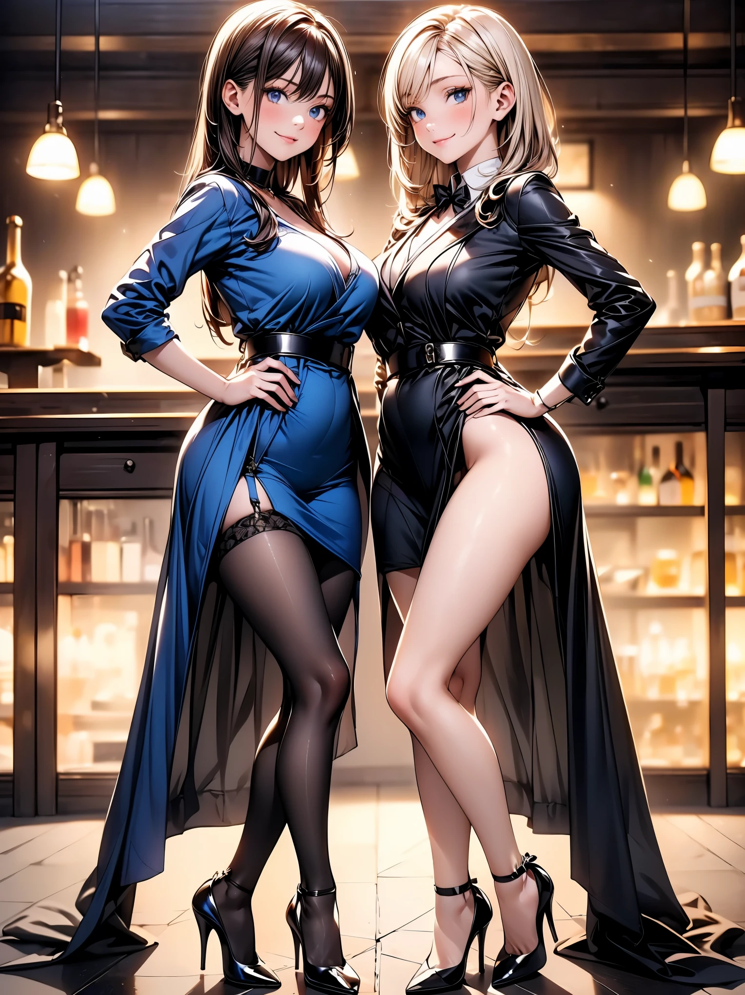 (masterpiece:1.3),(best quality, highest quality),((Full Body Shot,Including face)),1girl,Standing position,4K,masterpiece,((Focus on the face)),((Symmetrical facial features)),Beautiful woman,slender,Beautiful feet,((Thigh-high boots)),Detailed depiction of the face,bar counter,uniform,Realistic,profile,Corset standing diagonally,Long skirt,Blue Dress