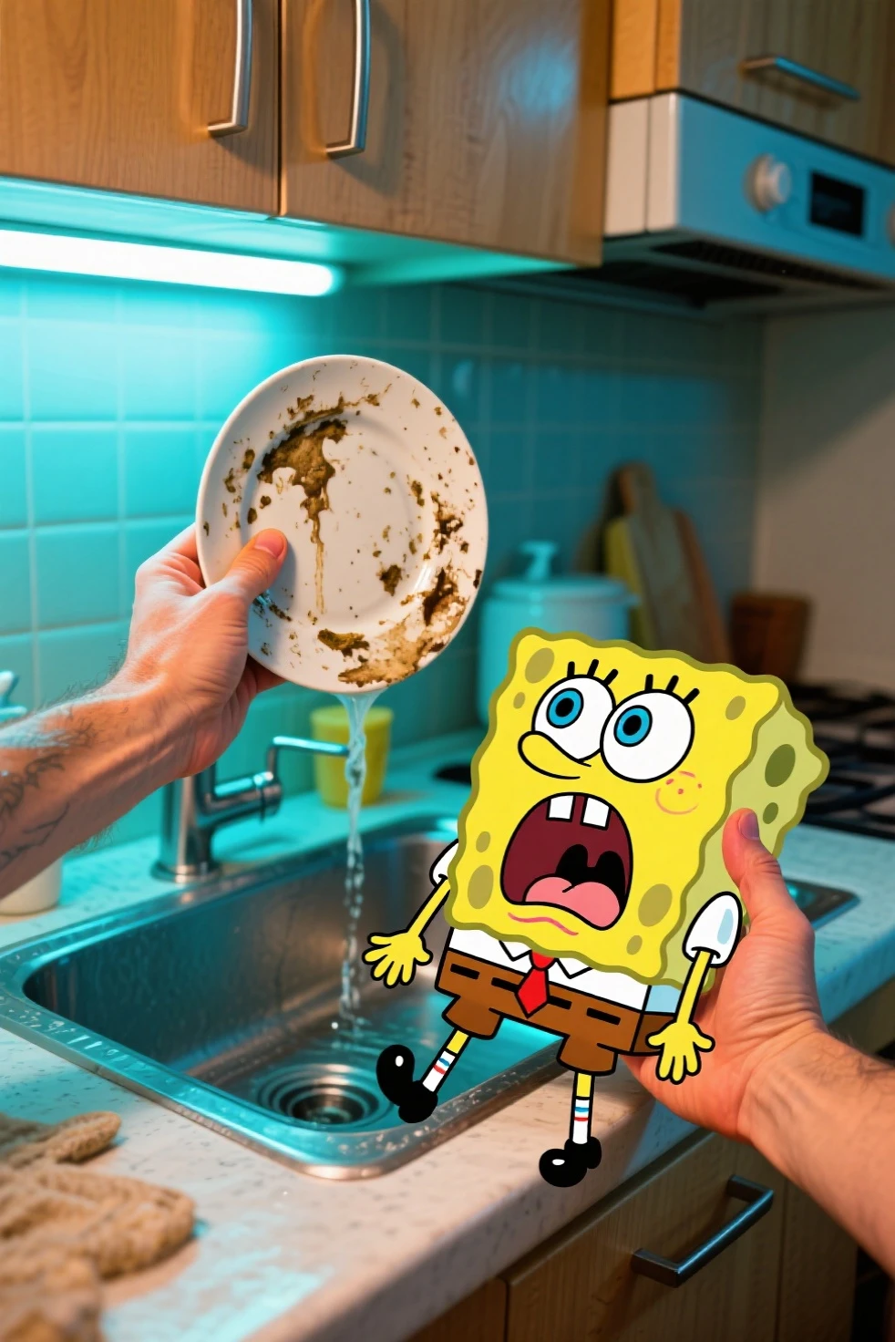 A scene of a drawn cartoon character inside a real photorealistic world. A photorealistic human hand holding the 2D cartoon spongebob in one hand and a dirty dish in another hand in the kitchen sink full of dirty dishes of a real-life photorealistic world. Spongebob screams terrified, looking and facing at the other hand, 
