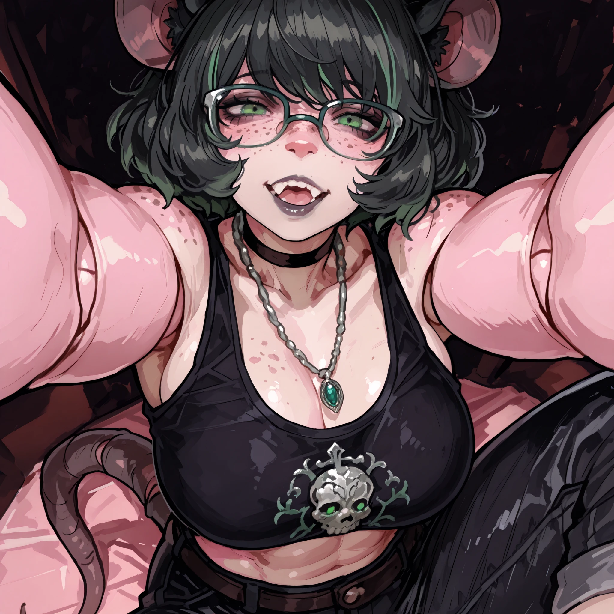 (Tall Mature Voluptuous Female furry rat), (black big curly afro with green highlights), (Green streaks in hair), (green eyes), (glowing iris), (black choker), (black leather bracelets), (Black Rose Tattoo on right shoulder), (Silver necklace with a green jade skull trinket), (fingernails), (green nail polish), (Long curvy fit legs), (freckles on face), (freckles on shoulder), (Dark Grey lipstick), (rat ears), (black ears, pink inside), (chipped right ear), (rat buck teeth), (white sclera), (rat nose), (rat tail), (anatomically correct rat whiskers), (goth makeup), (plump kissable cupid lips), (half open tired eyes), (glasses),(Flat chested), 8k quality, highly detailed, Persona Art Style, perfect detailed face, Fit upper body, Fit muscular arms, detailed muscles, Tomboy muscle build, detailed eyes, perfect detailed hands, accurate detailed doll joints, detailed thigh doll joints, detailed doll joints, detailed doll neck joint, detailed lips, 80&#39;s comics, femboy, cute, 80&#39;sアニメーション、score_9, score_8_up, score_7_up, (One)  elegant, Cheeky pose, Focus on face, Top half photo, Gothic Skull Mesh Crop Top, Gothic Punk Gothic Cargo Pants, Close up view, Close up view on face, Portrait oil Painting style, realistic painting style, cute rat-like facial features, anthropomorphic, anthropomorphic face, sultry Expression, sharp rat claws, fierce eyes, sitting, legs crossed, full furry anthro, mature feminine body type, cream colored fur on body, Rat buck teeth, black smoky background, fur covered skin, black rat ears pink inside, Plush thick thighs, Extremely Enormous Large Breasts, Stretching the fabric of shirt, Perfect cleavage, overflowing cleavage bulge, (36G Breasts Size), (rat buck teeth), (rat teeth), showing off breasts, puffing chest out, Taking selfie, blowing kiss at viewer