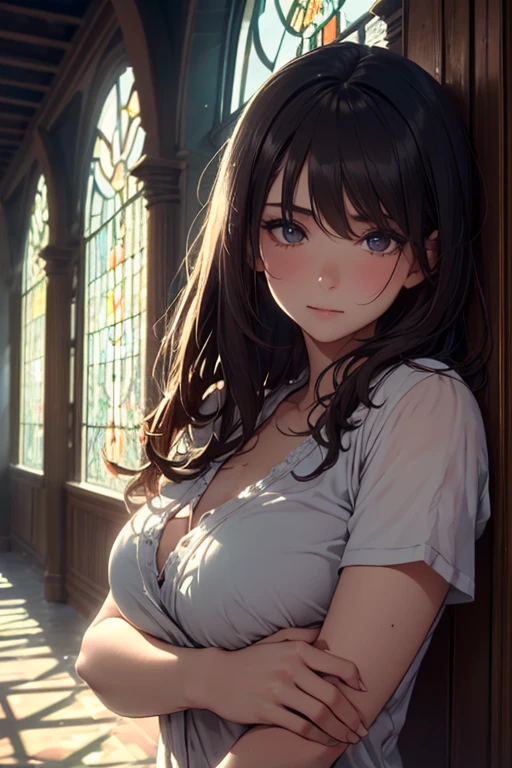 (masterpiece:1.1, best quality, ultra detailed), 4k, (beautiful face and eyes), illustration, solo, cute woman, peaceful image, cinematic angle, upper body, smile, (dark eyes), semi long hair, indoor clothes, warm lighting,