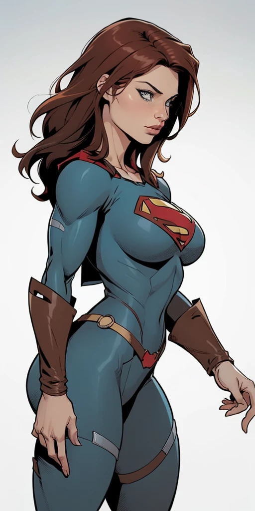 a 1950s female super-hero in an action pose, large breasts, short skirt, narrow waist, wearing tights and a cape, knee-boots, 1950s comic style, popping colors, contrast,1950s era atmosphere, vibrant colors, hyper-realistic, 8k, ultra-detailed