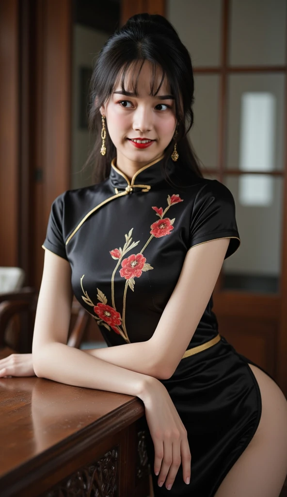 1girl, ((half body)), sexy qipao, pretty young (Russian mix Asian), (masterpiece), wolf cut ((Chinese douyin)), detailed face:1.5, (8k HD graphic, (soft and chill light), best quality detailed ultra highres:1.2 dynamic lighting, artstation, winner photography, volumemetricslighting),