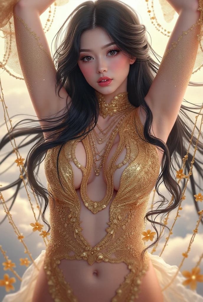 dreamwave, nude gorgeous Southeast Asian woman, long hair, round_butt, aesthetic, vortex, 2d_harajyuku, beautiful woman, elegant, fractal art, (zentangle:0.5), colorful, crystal, gold., (sexy:1.3), wind, storm, backlighting,