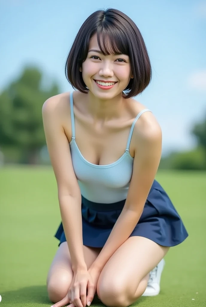 Highest quality、8k、No makeup、masterpiece、Ultra-high resolution、Clear photos、Professional Lighting、Natural light、(very cute、beautiful girl、The cutest Yoda Yuki)、Baby Face:1.6、Small breasts、Large erect nipples:1.6、Ultra slim、Tight waist、Slender body、(Very short hair:1.6)、Brown Hair:1.8、Beautiful Hair、Thin legs、The best smile、Golf course、Wear golf wear:1.8、White golf wear、I'm wearing a dark blue tight mini skirt:1.8、 Squatting with legs apart facing the camera:1.8、(Spread your legs:1.2)、She gets excited and shows off her white panties:1.8
