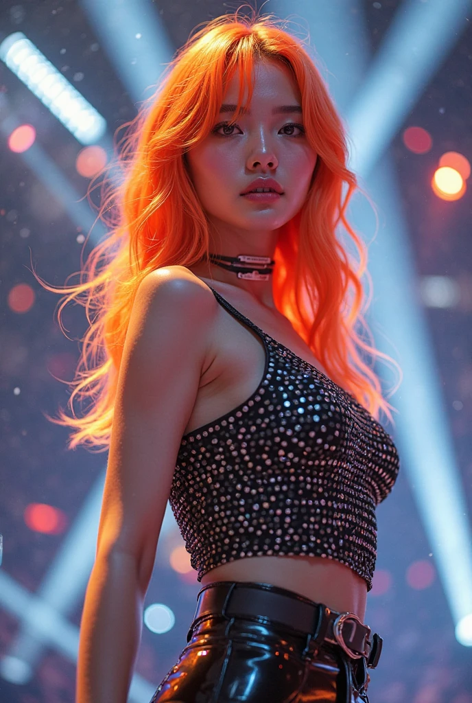 a kpop idol with orange hair and bangs